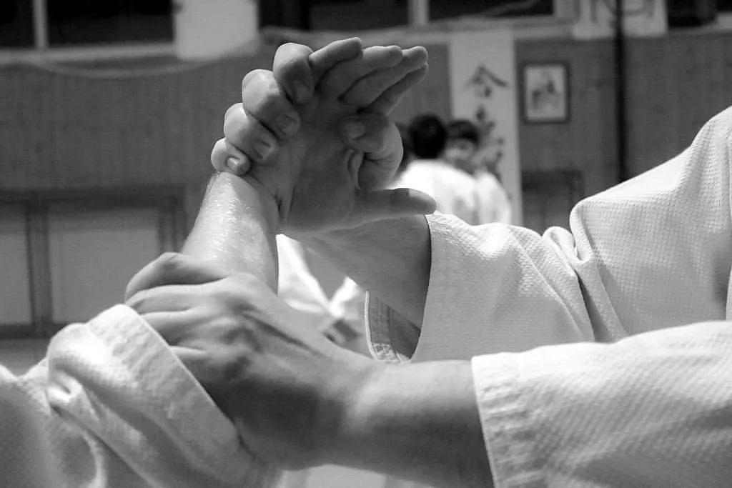 Detail úchopu zápästia počas techniky, v pozadí rozmazané dojo so zvitkom
